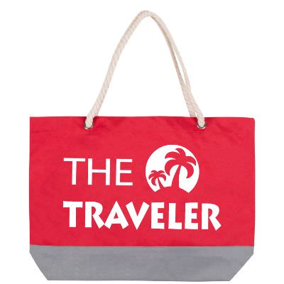 Polyester red rope tote with branded imprint.