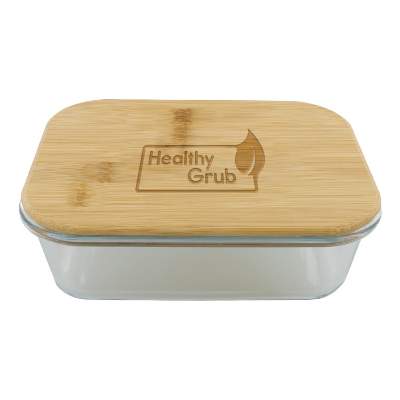 Clear 34 oz. glass food storage container with bamboo lid with laser engraved promotional logo.