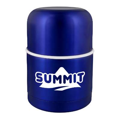 13.5 oz. blue insulated food container with custom printed logo.