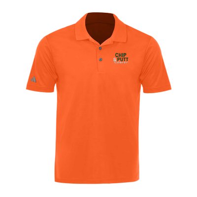 Orange men's polo with personalized embroidered logo.
