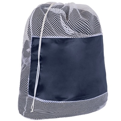Polyester and nylon navy mesh cinch laundry bag blank.