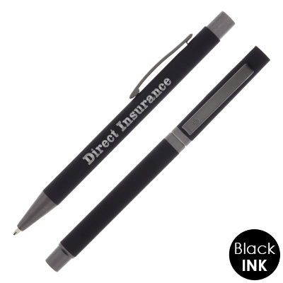 Black soft touch writing set with engraved logo.