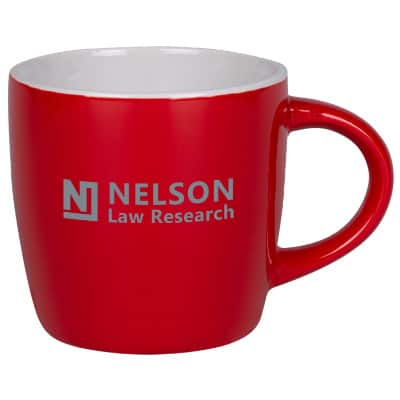 Ceramic red coffee mug with c-handle and custom print in 12 ounces.