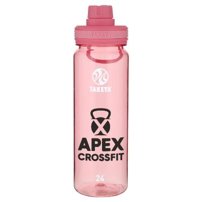 Flutter pink plastic bottle with custom logo.