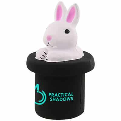 Foam magic rabbit in hat stress reliever branded with logo.