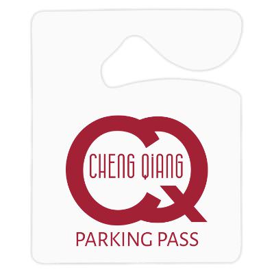 White plastic 2-1-2-in. x 3" hanging parking permit with promotional logo.