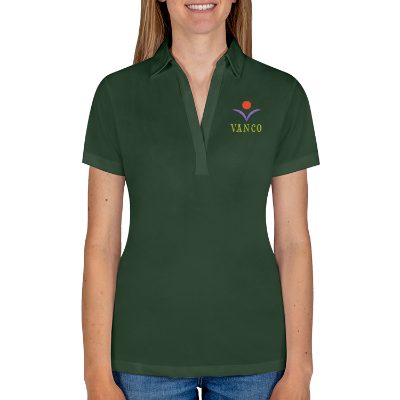 Custom ladies dark green polo with embroidered logo.