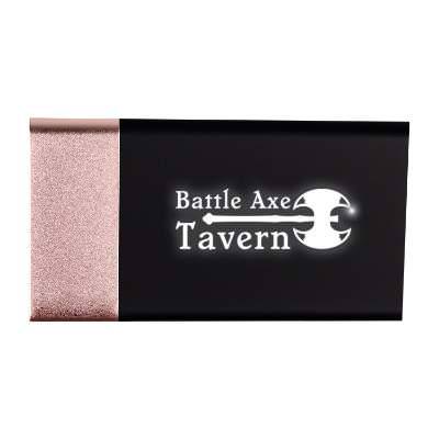 Engraved pink plastic power bank with logo.