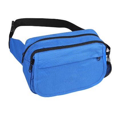 Royal blue blank polyester fanny pack with low minimum.