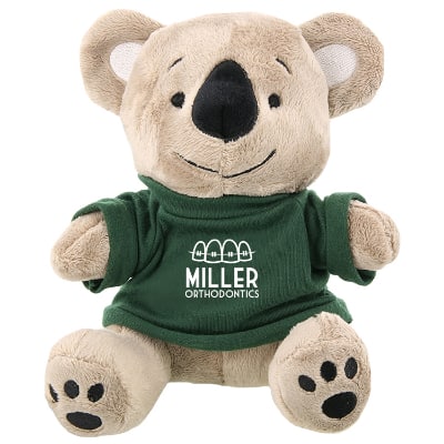 Plush and cotton koala with forest green shirt with custom imprint.