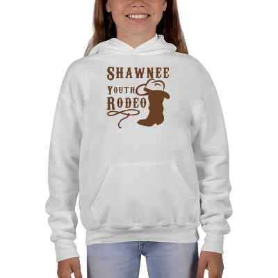 Custom white pullover hooded youth sweatshirt with logo.