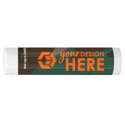 Camo background lip balm with a promotional logo.