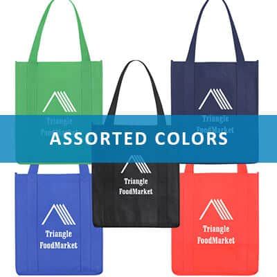 Polypropylene assorted color tote bags with custom logo and matching bottom insert.