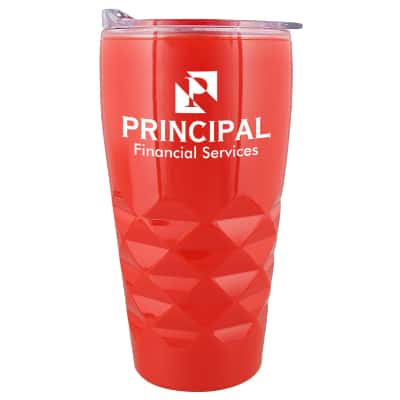 Plastic red tumbler with custom print in 16 ounces.