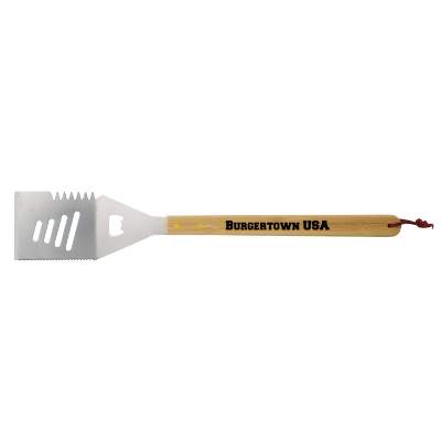 Natural multifunction bamboo BBQ tool with custom promotional imprint.