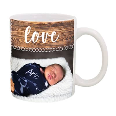 Ceramic white coffee mug with full-color wrap imprint and c-handle in 11 ounces.