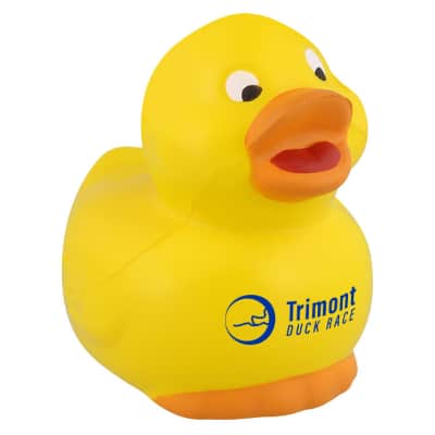 Foam duck stress ball with a printed logo.
