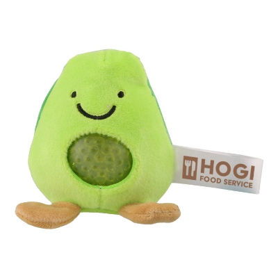 Green plush stress buster with a custom imprint.