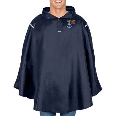 Blue embroidered custom packable poncho.