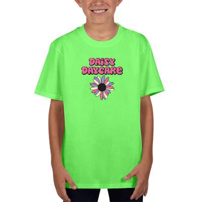 Neon green youth full color personalized short sleeve shirt.