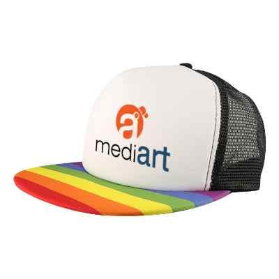 Full color logoed rainbow trucker hat.