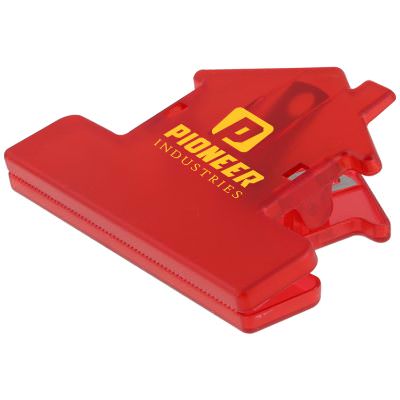 Plastic translucent red house chip clip with print.