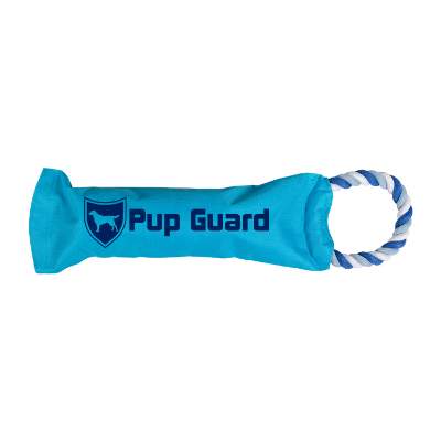 Blue dog toy with logo