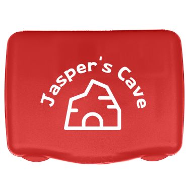 Plastic red first aid kit with a personalized imprint.
