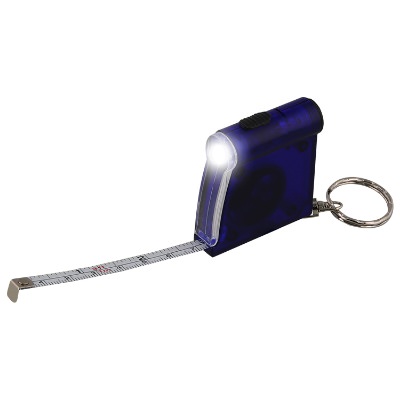 Metal and plastic translucent blue tape measure flashlight keychain blank.