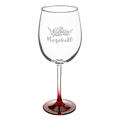 Red wine glass with engraved logo.