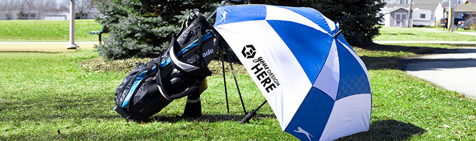 White and blue custom golf umbrellas with black imprint