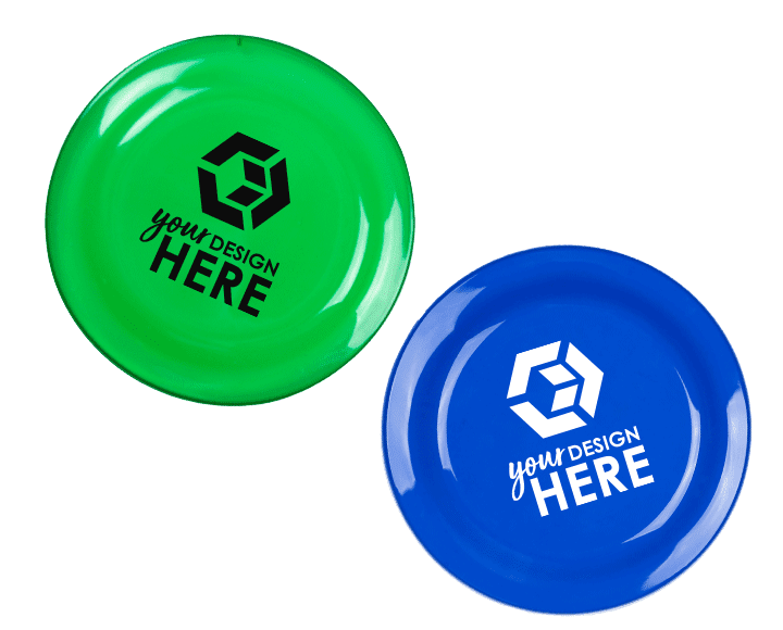 Bulk frisbees green frisbee with black imprint and blue frisbee with white imprint