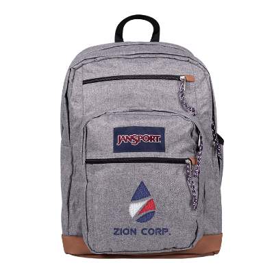 Recycled polyester gray and tan backpack with embroidered logo.