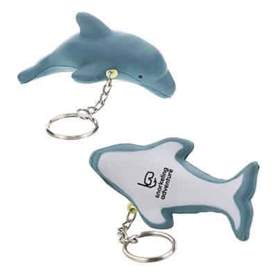 Foam dolphin stress reliever key ring logoed with a custom imprint.