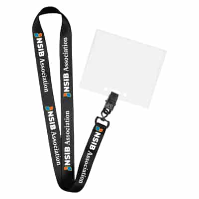 3/4 inch satin polyester full-color custom design lanyard with swivel clip and horizontal ID holder.