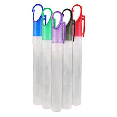 Plastic hand sanitizer with carabiner cap available in bulk.