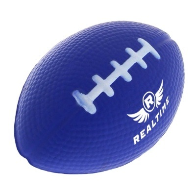 Blue foam stress ball with a custom logo.