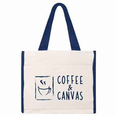 Cotton canvas navy heavy tote with custom imprinting.
