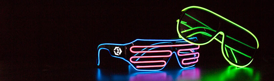 Purple and blue light up glasses and green light up sunglasses