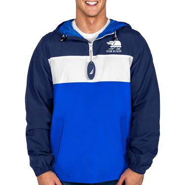 Navy blue mens custom  pullover jacket.