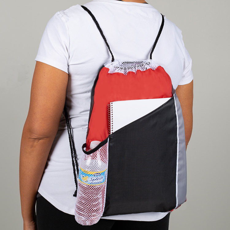 Polyester tri-color drawstring with two front pockets.