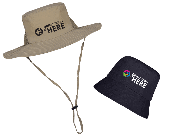 Custom bucket hats with logo tan bucket hat with black imprint and blue bucket hat with full-color imprint