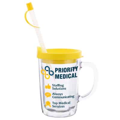 Arcylic clear with yellow tumbler with custom full-color imprint in 14 ounces.