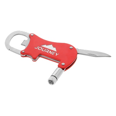 Gray bottle opener carabiner with flashlight and knife with laser engraved custom imprint.