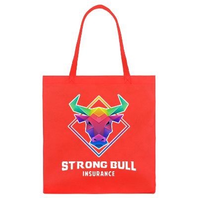 Polypropylene red tote bag with full-color custom imprint.