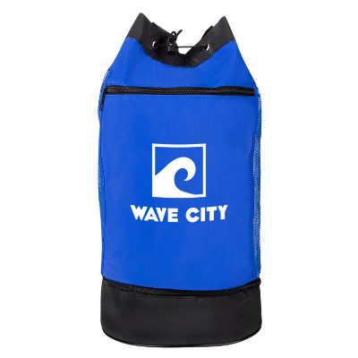 Polyester and plastic red beach bag with customized logo.