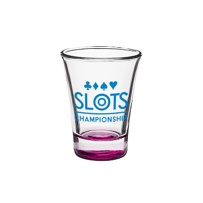 Pink shot glass with custom logo.