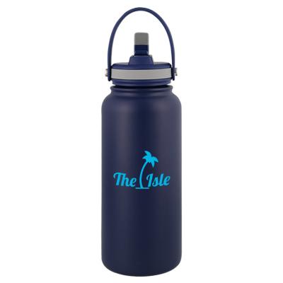 Navy blue stainless bottle with custom logo.