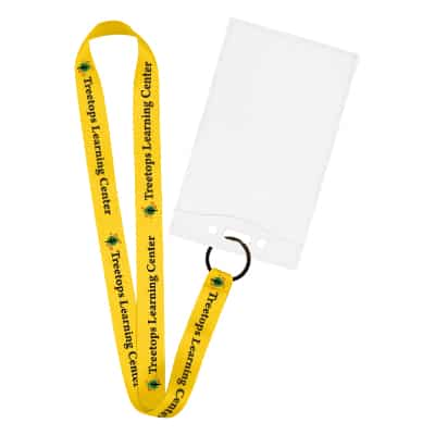 3/4 inch satin polyester custom full-color design lanyard with black key ring and event ID holder.
