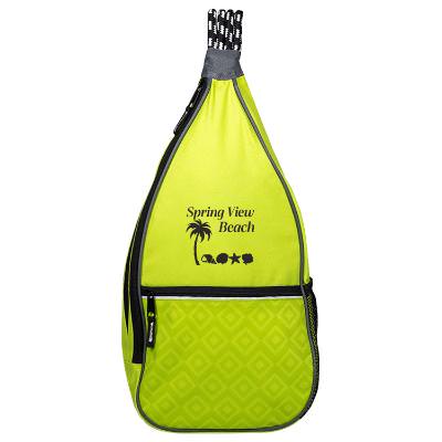 Green slingpack with custom logo.